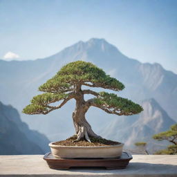 A serene landscape featuring a detailed bonsai tree in the forefront with majestic mountains subtly protruding in the background under a clear sky.