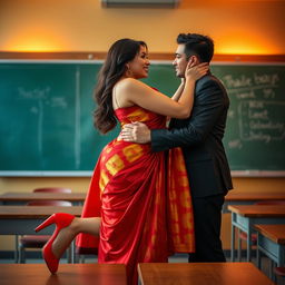 A provocative and intimate scene featuring a voluptuous Thai teacher in a classroom, engaging in a passionate moment with her partner