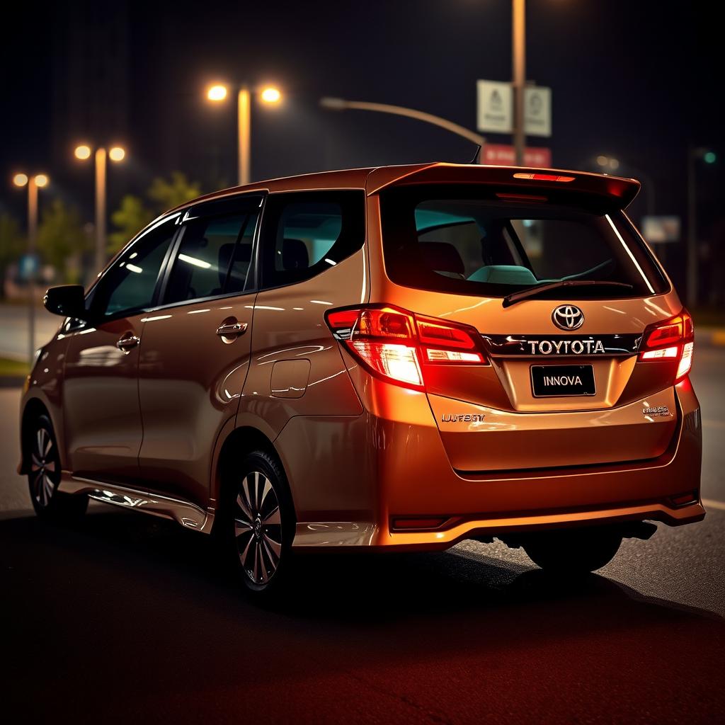 A realistic image of a Toyota Innova, illuminated by streetlights at night