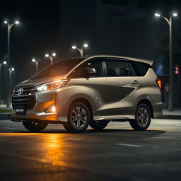 A realistic image of a Toyota Innova, illuminated by streetlights at night