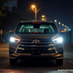 A realistic image of a Toyota Innova, illuminated by streetlights at night