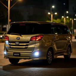 A realistic image of a Toyota Innova, illuminated by streetlights at night