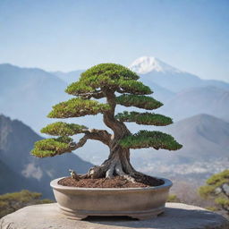 A serene landscape featuring a detailed bonsai tree in the forefront with majestic mountains subtly protruding in the background under a clear sky.