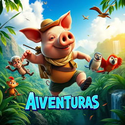 A colorful and vibrant movie poster for "Chanchoaventuras", featuring a daring pig protagonist dressed in adventurous attire, surrounded by lush, tropical jungle landscape