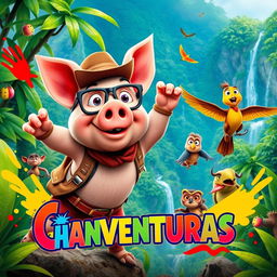 A colorful and vibrant movie poster for "Chanchoaventuras", featuring a daring pig protagonist dressed in adventurous attire, surrounded by lush, tropical jungle landscape