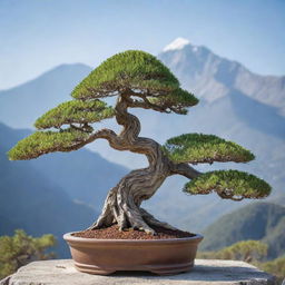 A serene landscape featuring a detailed bonsai tree in the forefront with majestic mountains subtly protruding in the background under a clear sky.