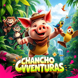 A colorful and vibrant movie poster for "Chanchoaventuras", featuring a daring pig protagonist dressed in adventurous attire, surrounded by lush, tropical jungle landscape