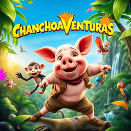 A colorful and vibrant movie poster for "Chanchoaventuras", featuring a daring pig protagonist dressed in adventurous attire, surrounded by lush, tropical jungle landscape