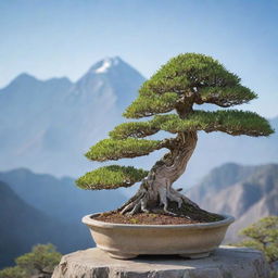 A serene landscape featuring a detailed bonsai tree in the forefront with majestic mountains subtly protruding in the background under a clear sky.