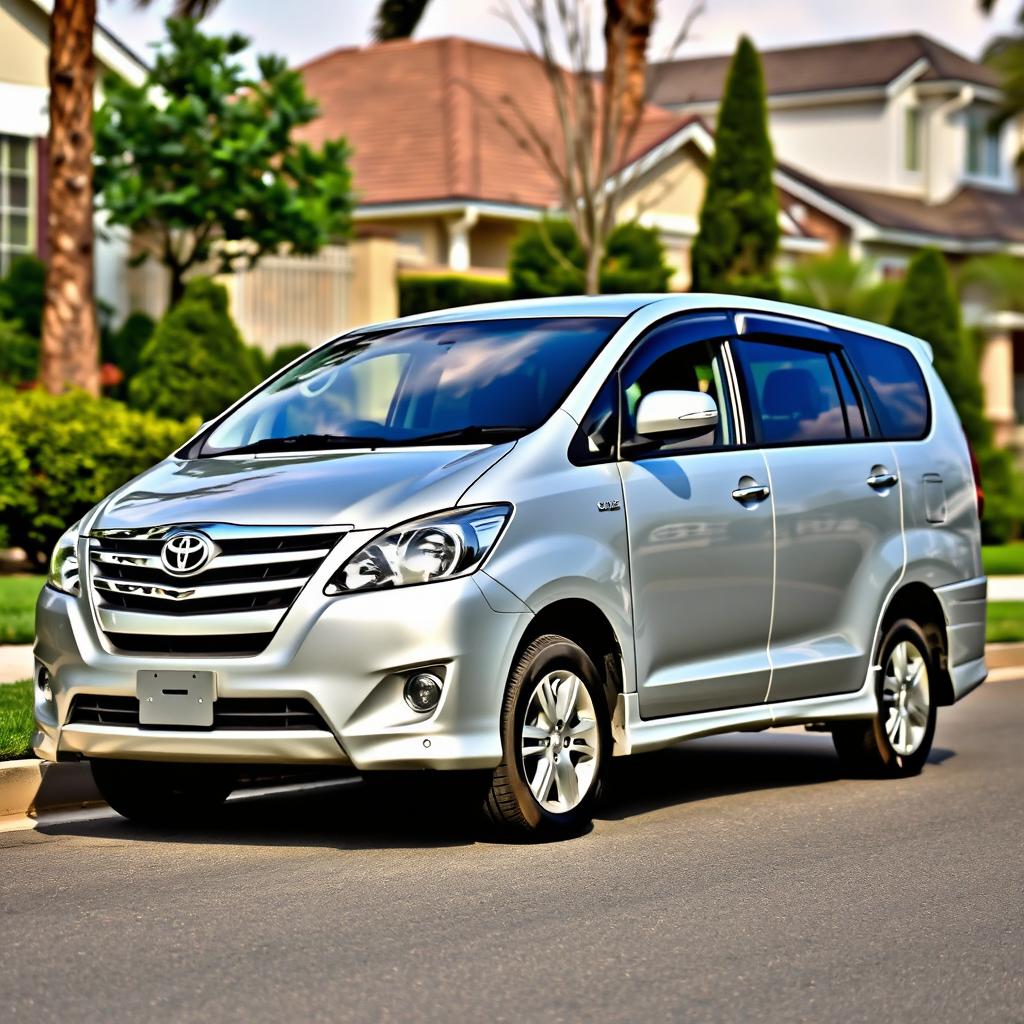 A realistic image of a silver 2012 Toyota Innova, highlighting its classic design and elegant silver finish