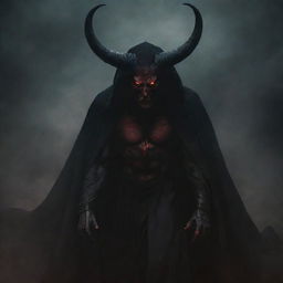 A menacing yet sophisticated interpretation of the devil, with intense red eyes, curving horns, draped in an elegantly dark cloak. Surround the entity with an ominous atmosphere, wrapped in swirling, dark mists.