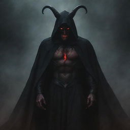 A menacing yet sophisticated interpretation of the devil, with intense red eyes, curving horns, draped in an elegantly dark cloak. Surround the entity with an ominous atmosphere, wrapped in swirling, dark mists.