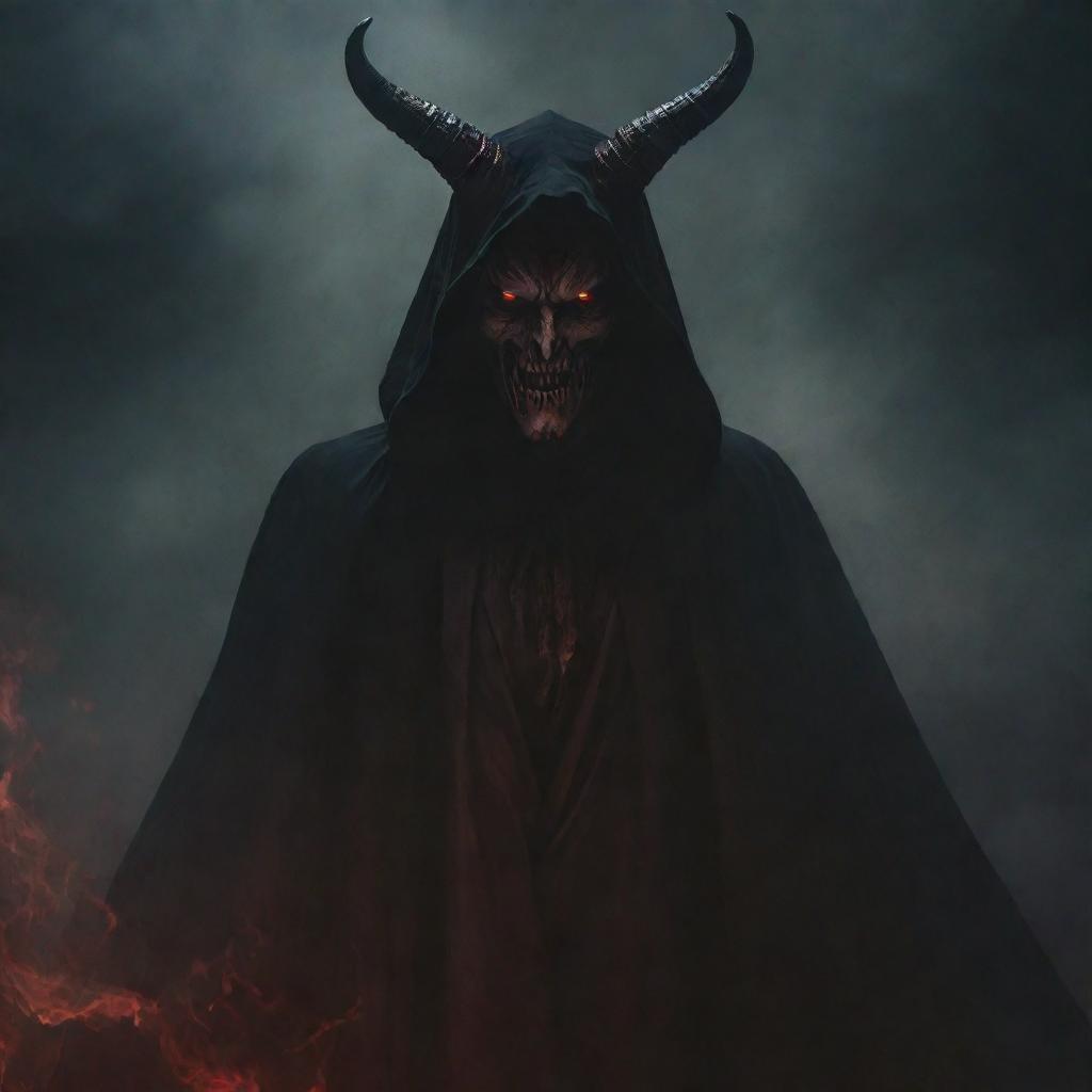 A menacing yet sophisticated interpretation of the devil, with intense red eyes, curving horns, draped in an elegantly dark cloak. Surround the entity with an ominous atmosphere, wrapped in swirling, dark mists.