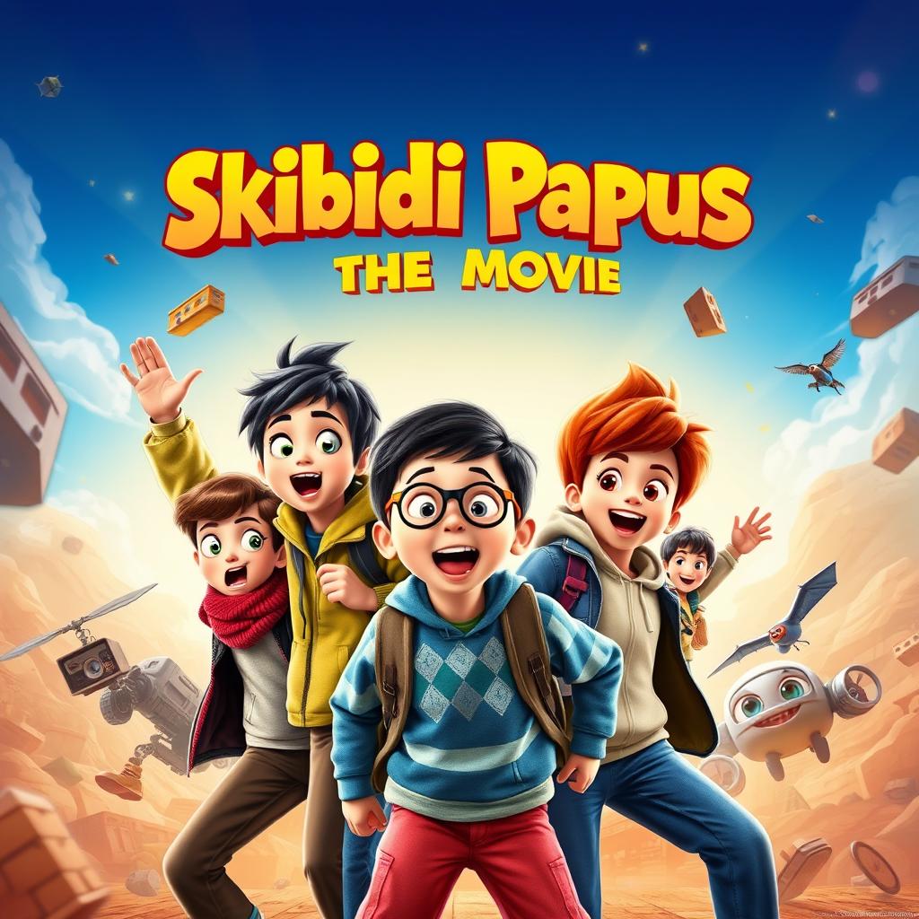 A movie poster for "Skibidi Papus: The Movie" featuring six students in an adventurous and vibrant style