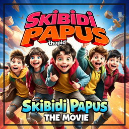 A movie poster for "Skibidi Papus: The Movie" featuring six students in an adventurous and vibrant style