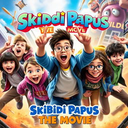 A movie poster for "Skibidi Papus: The Movie" featuring six students in an adventurous and vibrant style