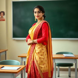 A confident woman in a muga and red mekhela chadar, with a red blouse and high heels, standing next to a desk in a classroom setting