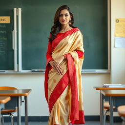 A confident woman in a muga and red mekhela chadar, with a red blouse and high heels, standing next to a desk in a classroom setting