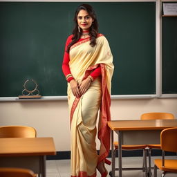 A confident woman in a muga and red mekhela chadar, with a red blouse and high heels, standing next to a desk in a classroom setting