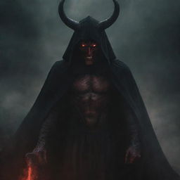 A menacing yet sophisticated interpretation of the devil, with intense red eyes, curving horns, draped in an elegantly dark cloak. Surround the entity with an ominous atmosphere, wrapped in swirling, dark mists.