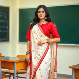 A confident woman in a muga and red mekhela chadar, with a red blouse and high heels, standing next to a desk in a classroom setting