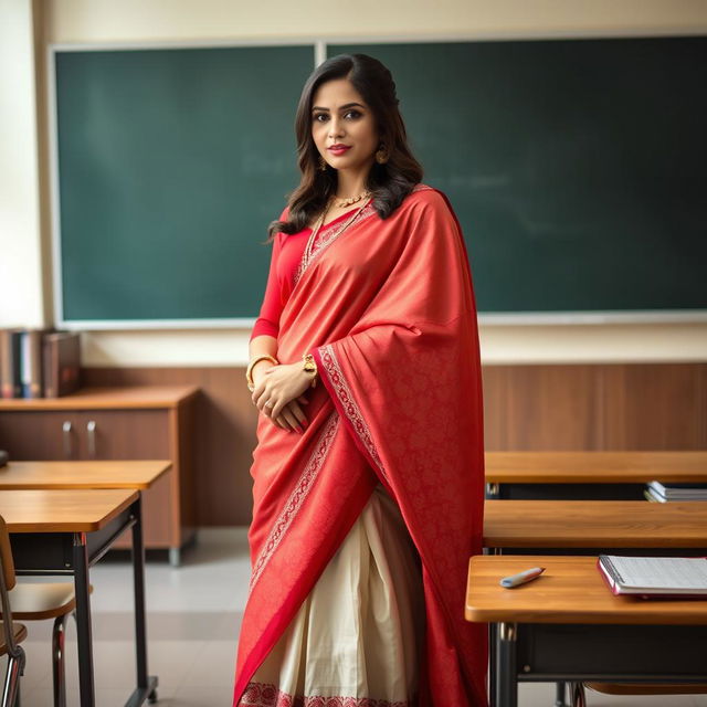 A confident woman in a muga and red mekhela chadar, with a red blouse and high heels, standing next to a desk in a classroom setting