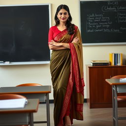 A confident woman in a muga and red mekhela chadar, with a red blouse and high heels, standing next to a desk in a classroom setting