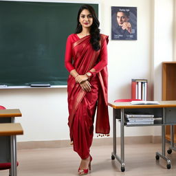 A confident woman in a muga and red mekhela chadar, with a red blouse and high heels, standing next to a desk in a classroom setting