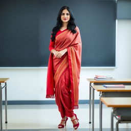 A confident woman in a muga and red mekhela chadar, with a red blouse and high heels, standing next to a desk in a classroom setting