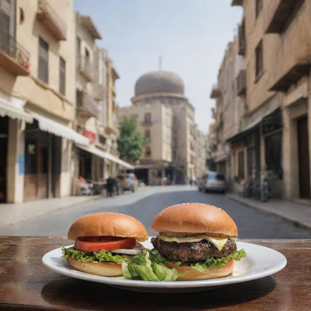 A freshly cooked burger in a quaint street-side cafe in Damascus, Syria, with the historic cityscape visible in the background.