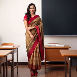 A confident woman in a muga and red mekhela chadar, red blouse, and high heels, standing next to a desk in a classroom