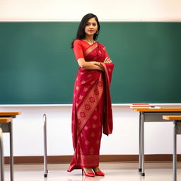 A confident woman in a muga and red mekhela chadar, red blouse, and high heels, standing next to a desk in a classroom