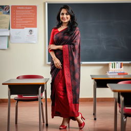 A confident woman in a muga and red mekhela chadar, red blouse, and high heels, standing next to a desk in a classroom