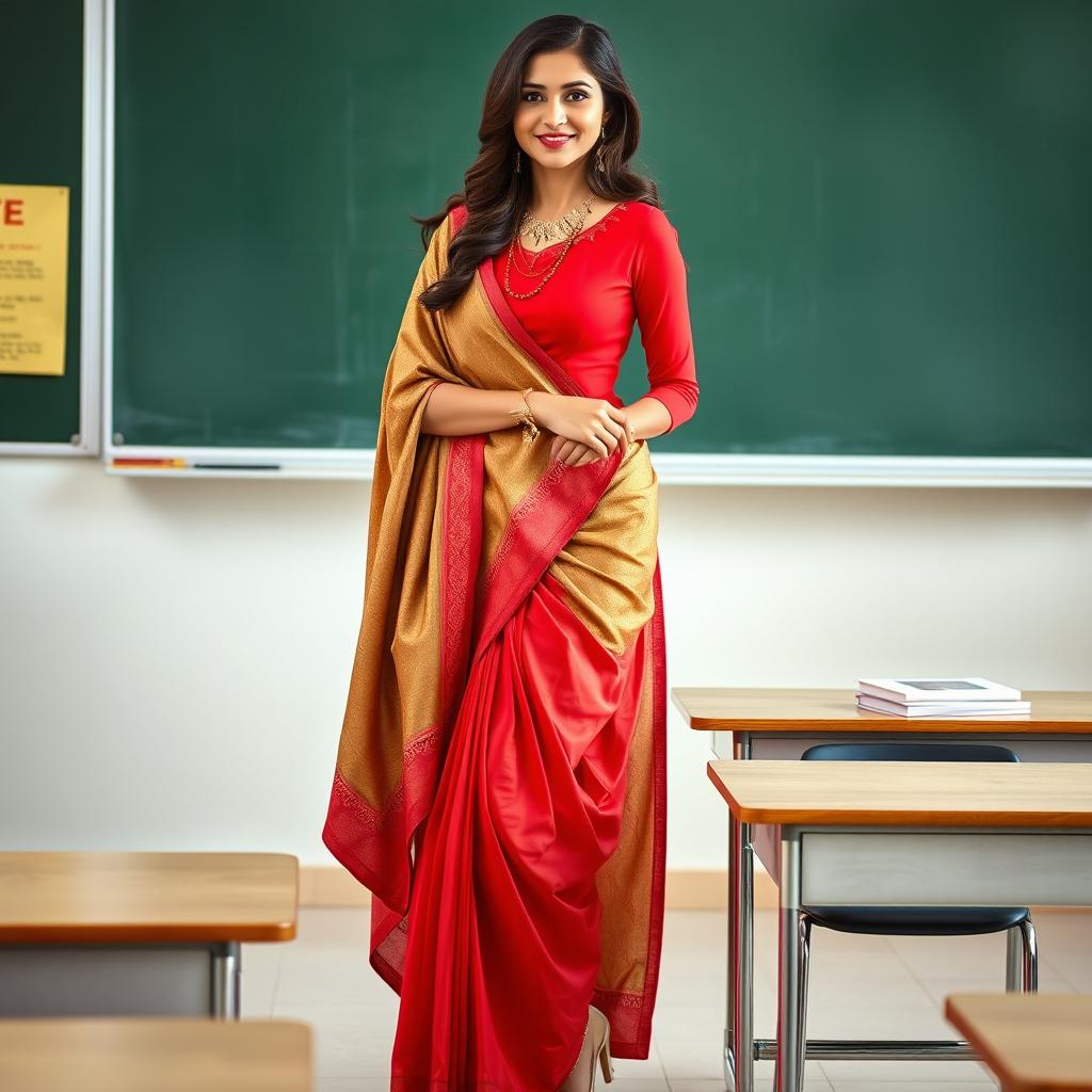 A confident woman in a muga and red mekhela chadar, red blouse, and high heels, standing next to a desk in a classroom