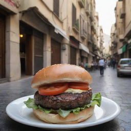 A freshly cooked burger in a quaint street-side cafe in Damascus, Syria, with the historic cityscape visible in the background.