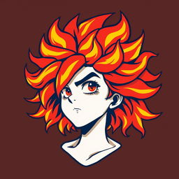 A vibrant and dynamic illustration of a character with fiery hair, resembling wild flames