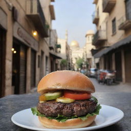 A freshly cooked burger in a quaint street-side cafe in Damascus, Syria, with the historic cityscape visible in the background.