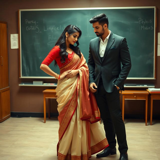 A romantic and intimate scene featuring a confident woman in a muga and red mekhela chadar with cream accents, a red blouse, and high heels