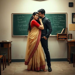 A romantic and intimate scene featuring a confident woman in a muga and red mekhela chadar with cream accents, a red blouse, and high heels