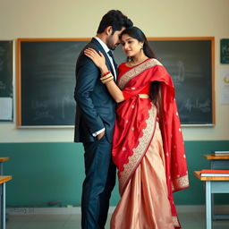 A romantic and intimate scene featuring a confident woman in a muga and red mekhela chadar with cream accents, a red blouse, and high heels