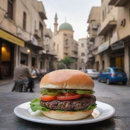 A freshly cooked burger in a quaint street-side cafe in Damascus, Syria, with the historic cityscape visible in the background.