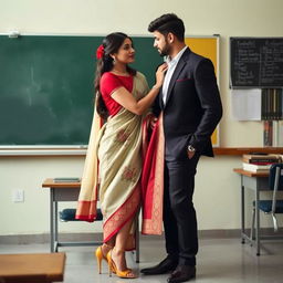 A romantic and intimate scene featuring a confident woman in a muga and red mekhela chadar with cream accents, a red blouse, and high heels