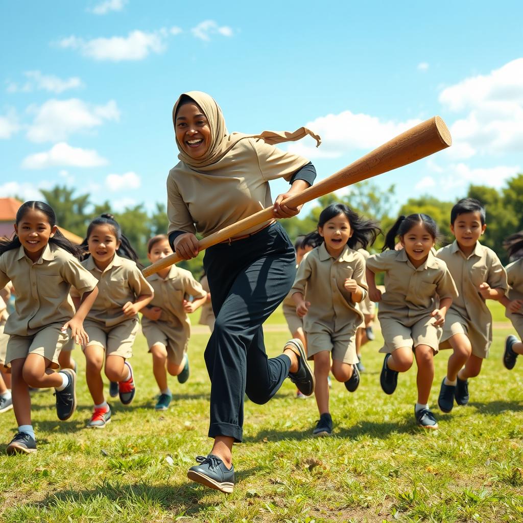 A dark-skinned woman with a hijab running energetically with determination, playfully holding a large wooden stick