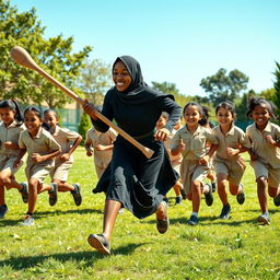 A dark-skinned woman with a hijab running energetically with determination, playfully holding a large wooden stick