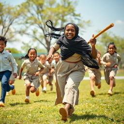 A dark-skinned woman with a hijab running energetically with determination, playfully holding a large wooden stick