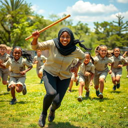 A dark-skinned woman with a hijab running energetically with determination, playfully holding a large wooden stick