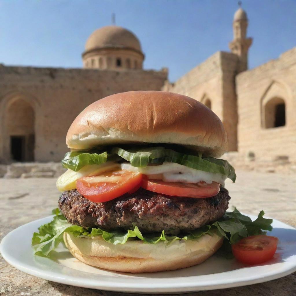 A juicy, delicious burger prominently displayed with the backdrop of historical Syrian architecture.