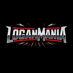 A logo design inspired by WrestleMania, featuring the word 'LOGANMANIA' in a bold, dynamic font reminiscent of classic wrestling themes