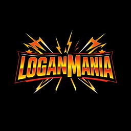 A logo design inspired by WrestleMania, featuring the word 'LOGANMANIA' in a bold, dynamic font reminiscent of classic wrestling themes