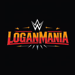 A logo design inspired by WrestleMania, featuring the word 'LOGANMANIA' in a bold, dynamic font reminiscent of classic wrestling themes